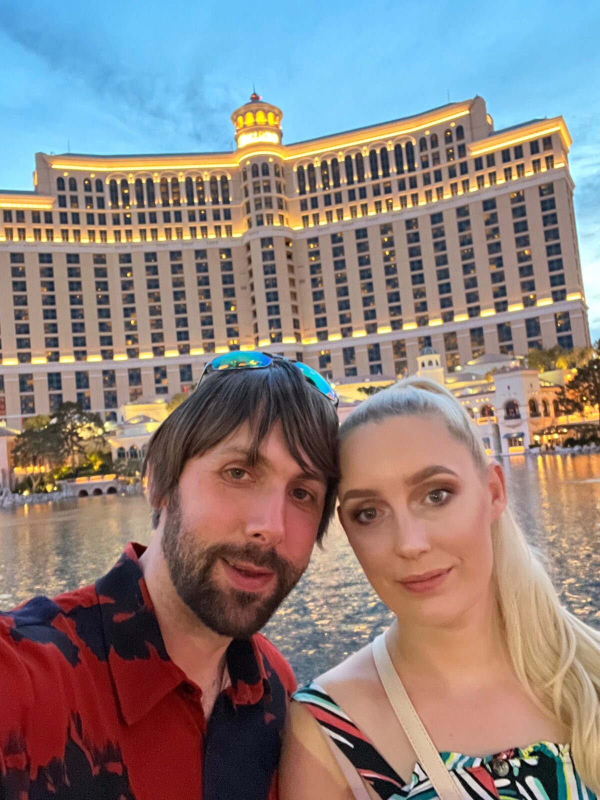 Will and Amie from Go Yolo Travel outside the Bellagio hotel in Las Vegas